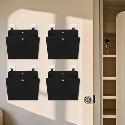 WODHMIEY 4 Stück Hängender Schuhorganizer Wandmontage mit Klebehaken Faltbare Aufbewahrungstasche aus Vliesstoff Schuhregal für Tür Wohnmobil Wohnung Studentenwohnheim Raumsparende Lösung (Schwarz)
