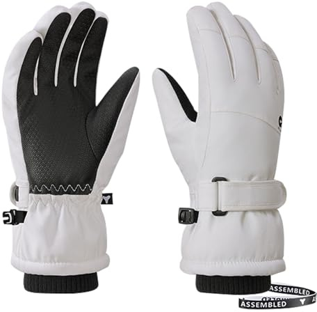 Jupsk Gants Ski Enfant d'hiver Mitaine Moufle Imperméables Velo Gants Chaud de Snowboard 3M Thinsulate Fleece Gloves pour Fille Garçon 8-12 Ans (Blanc)