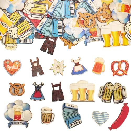 GGUFAY Oktoberfest Deko, 100 Stück Bayrische Streudeko aus Holz Oktoberfest Wiesn Tischdekoration Dirndl Lederhose Breze Herz Bierkrug Accessoires Bayrische Deko Oktoberfest-Party Dekoration