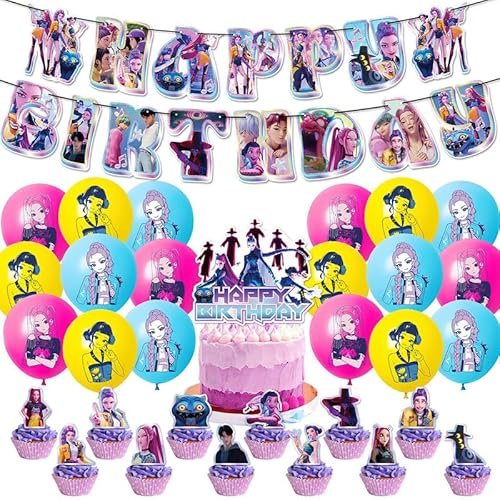 K D Kit de décoration d'anniversaire, bannière, grande décoration de gâteau, 12 mini décorations et 18 ballons – Décoration de fête cool pour enfants et fans