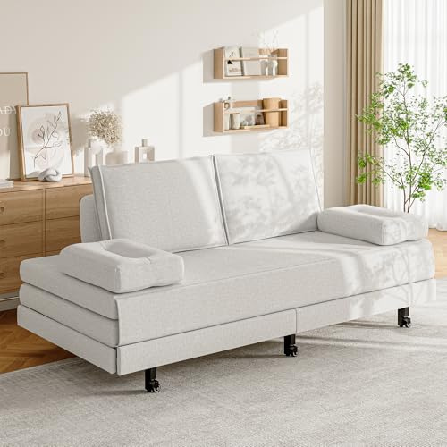 TDRTRD Sofá cama de 2 plazas extensible 90/180 x 200 cm, sofá de invitados de 2 plazas acolchado con somier de láminas, cama de día convertible para 2 personas, cama nido de la misma altura, lino