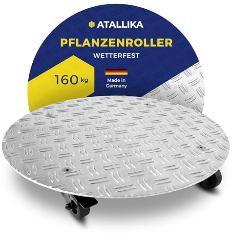 ATALLIKA® Pflanzenroller rund aus Alu-Riffelblech [Ø 25 cm] - Rollbrett mit Feststellbremsen für Pflanzen- & Blumenkübel [bis 160 kg] - rutschhemmend & wetterfest [für Outdoor & Indoor]