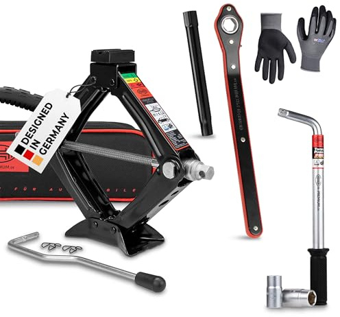 HEYNER® Wagenheber 1t Traglast Scherenwagenheber Set mit Radmutternschlüssel & Montagehandschuhe drehbarer Sattel und Gummiauflage TÜV & GS, 100-348mm