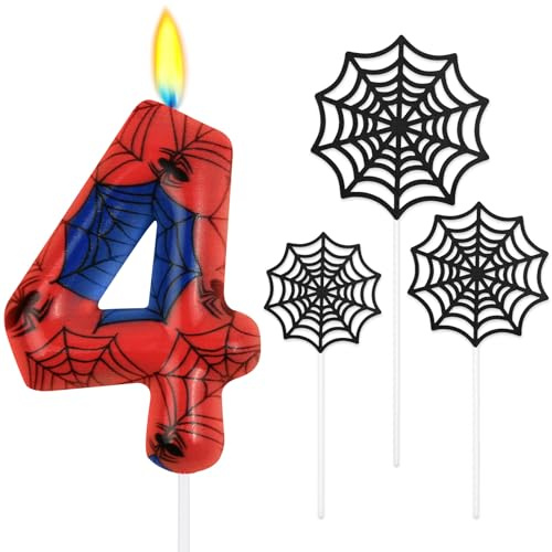 Alaoo Spider Theme Party Candles, Birthday Number Candle with 3Pcs Spider Web, Cake Topper Candle for Boys Girls Themed Birthday Halloween Party Decorations (Number 4)