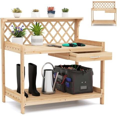 RELAX4LIFE Pflanztisch Holz, Gartentisch mit Gitterspalier & Arbeitsplatte & Schublade & 2 Ablagen, Gartenarbeit-Werkbank für Garten, Terrasse, Gewächshaus, 90 x 59 x 88 cm, Natur
