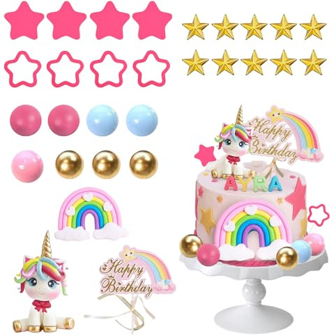 Unicorn Cake Topper, Unicorn Rainbow Cake Decorations with Rainbows Stars | Unicorn Rainbow Pink Arch Cake Decorations, Colorful Ball Cake Topper for Girls Kids Boy Birthday Party