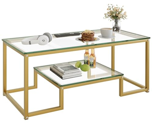 Coffee Table with Storage Shelf, Living Room Table with Metal Frame, Coffee Tables for Living Room, Center Table, Rectangle Tea Table for Living Room Office, Space Saving Easy Assembly (Gold, Glass)
