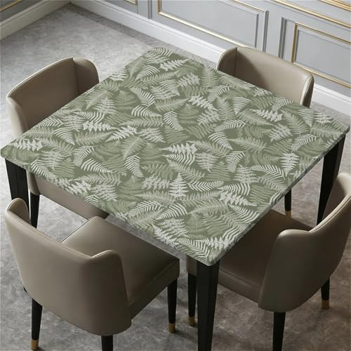 Quadratische Tischdecke 90x90cm mit Gummizug Wasserdicht, Elastische Tischdecke Outdoor wetterfest Abwaschbar für Esstisch Küche Garten Party-Grüne Farnblätter