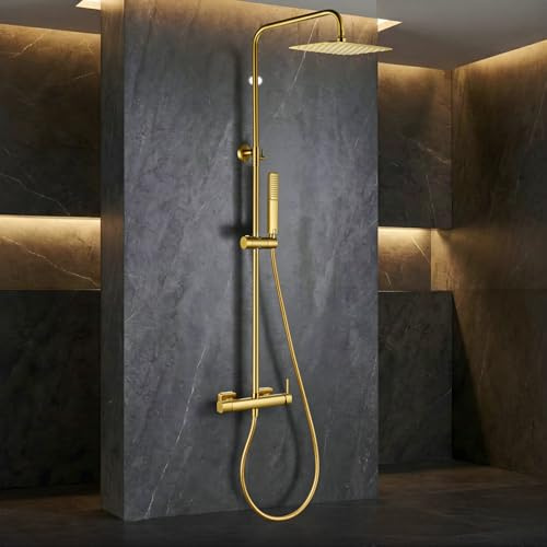 IMEX - Columna Ducha Oro Cepillado Monomando con Grifo | Conjunto de Ducha con Alcachofa y Rociador Antical Dorado | Griferia en Latón y Acero Inox S.304 con Barra Extensible | Serie Toscana