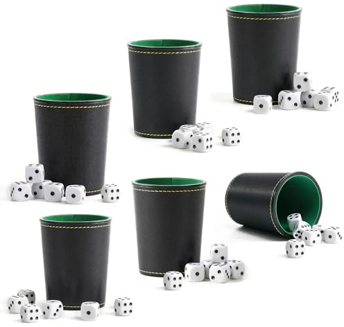 AOQCFS 6er Schocken Set – Würfelbecher Leder Schwarz, 36 Würfel (14 mm) – Würfelbecher mit Würfeln für Erwachsene, Bar Würfelspiele, Knobelbecher Leder – Premium Qualität