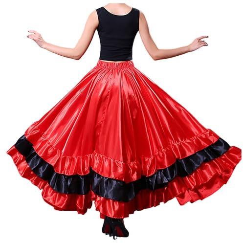 Bkazwe Jupe de Danse Espagnole Orientale à Volants Multiples Costume de Flamenco pour Femme, Longue Jupe Cercle Complet pour Flamenco, Danse du Ventre, Soirée Costume Carnaval, Performance Scène