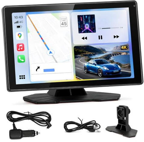 9 Pouces Écran Voiture CarPlay sans Fil, Autoradio Portable avec Caméra de Recul, Écran Tactile IPS 1024x600, Android Auto, Mirror Link, Bluetooth 5.4, Commande Vocale GPS, AUX, pour Camion Bus SUV