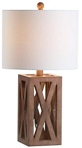 JONATHAN Y 21.5 Brown Farmhouse Wood Table Lamp for Bedside and Living Room, White Linen Drum Shade, Rustic Modern Desk Lamp for Bedroom, LED Bulb Included JYL1062A