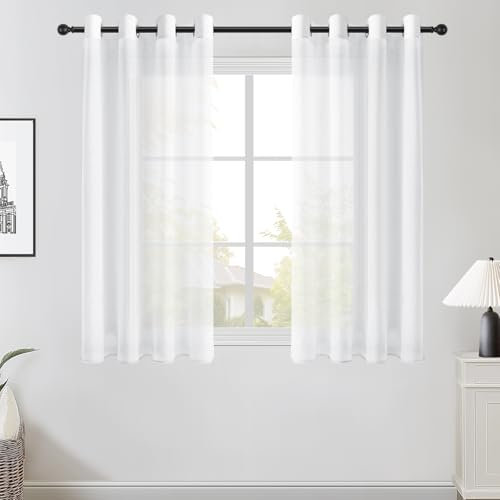 Topfinel Gardinen Kurz Vorhang Transparent Stores Gardine Schals mit Ösen Voile Curtains Living Room Fensterschals Vorhänge Weiss 140 cm Lang Dekoschal für kleine Fenster