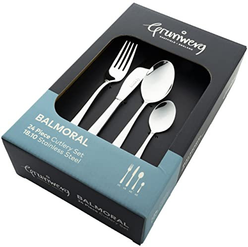 Grunwerg Balmoral 24 Piece Boxed Mirror Cutlery Set, 18/10 Stainless Steel, 6 x Table Knives, Table Forks, Dessert Spoons, Teaspoons, Silver