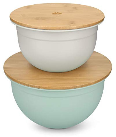 Navaris 2X Ciotole Insalatiere - Insalatiera Grande Ø 20cm 2,8 - Litri Piccola Ø 16cm 1,4L - Tappi Ciotola bambù Colori Pastello Grigio Verde Menta
