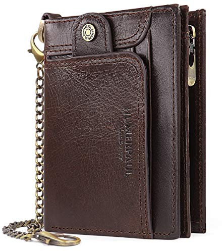 HNOOM Mens Wallet RFID Blocking Genuine Leather Wallet with Chain Bifold Slim Wallets for Men 14 Card Holder and Zipper Coin Pocket, Men's Leather Gents Wallets Slim Purse with Gift Box (Coffee)