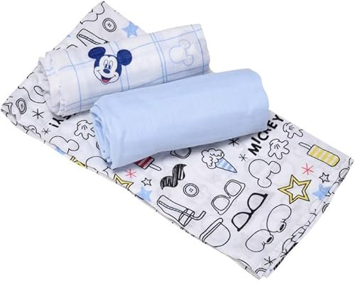 Disney Musselin, Minnie, Mickey, Ellepi weiche Bio-Baumwolle für Kinder, Handtücher, Bettwäsche, Taschentücher, Wickeltuch für Babybett, 70 x 70 cm, Geschenkbox (Micky Maus)