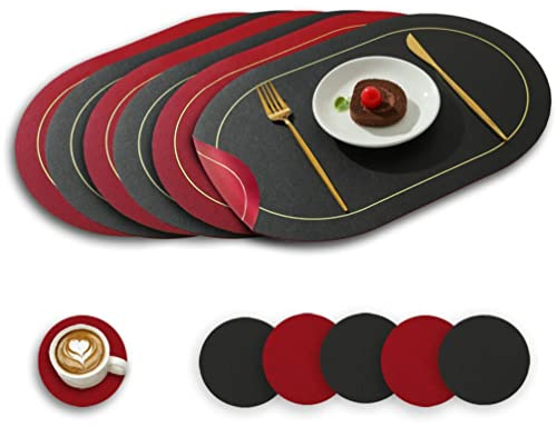 Paiouda 6er Platzset mit Untersetzer Oval Hitzebeständig Zweiseitig Tischset aus Kunstleder abwaschbar Platzdeckchen Wasserdicht Platzset für Küche Tischdeko, Schwarz+Dunkelrot, 45x30cm