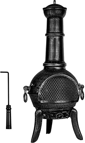 STILISTA® Terrassenofen 112 cm aus Gusseisen mit Funkenschutz und Schürhaken, Silber Grau