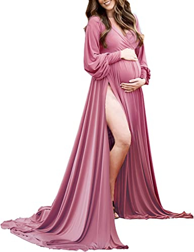 ChoiyuBella Gown Bishop babyshower mammaklänning, sidoslits, mjukt hjärta, maxi fotofotografering, Ljus lila, XXL