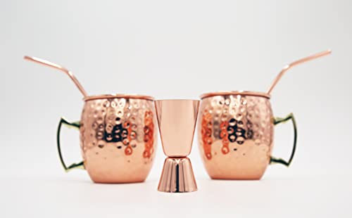 NUBAR Moscow Mule Cocktail Set - Set of 2 Premium Copper Mugs with Copper Jigger and Straws - Reusable Barware and Bartender Set