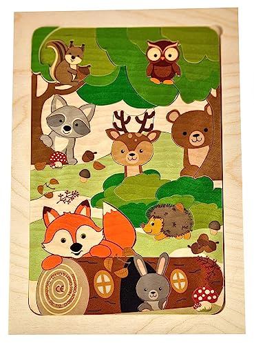 Hess Holzspielzeug 14973 - Puzzle aus Holz mit Waldier-Motiven, handgefertigt, für Kinder ab 3 Jahren