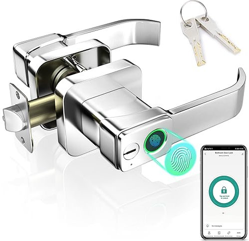 FITNATE Smart Door Lock, Fingerprint Door Lock Door Handle with App Control, Bluetooth, Digital Touch Front Door Home Bedroom Hotel Office, Silver