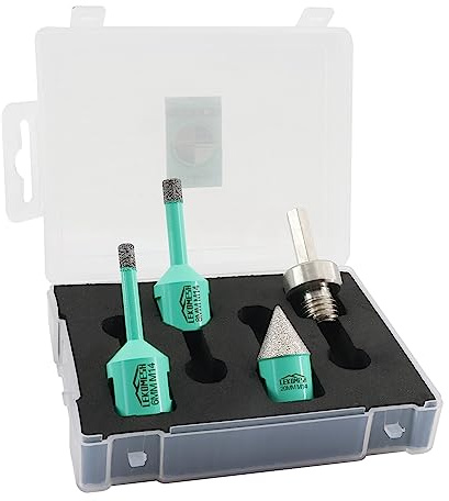 Set di Punte Diamantate - 4 pezzi (6/8mm+20mm Punte per Smusso+Adattatore) LEKOMESH Seghe a Tazza con Scatola di Plastica per Porcellana Piastrella Ceramica Granito Marmo,Filettatura M14
