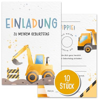 10er-Set Handgefertigte Bagger Kindergeburtstags-Einladungskarten | DIN A6 | Abenteuerliche Partyeinladungen | Recyclingpapier | Umweltfreundlich | Einladung für Kinder, Jungs und Mädchen