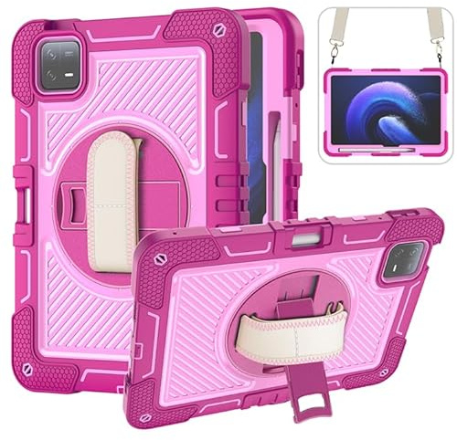 Funda para Tablet Xiaomi Mi Pad 6/Mi Pad 6 Pro (11 Pulgadas, Modelo 2023) Funda Resistente de Tres Capas, 360 Grados de Rotación, con Soporte de Pata y Correa para el Hombro, Rosa