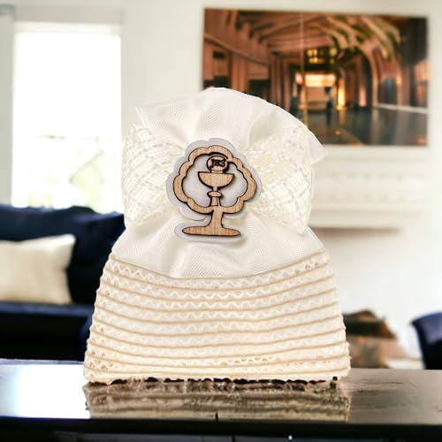 Doni Bomboniere Santa 12 Stück Beutel zur Erstkommunion weiß mit Konfirmation Dekoration Beige Schleife aus Organza und Applikation Holz in Form eines Lebensbaums Heilige Symbole Kelch Hostie