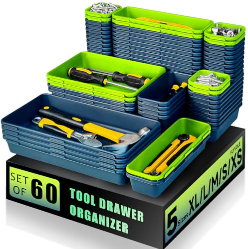 FLYVOLE Tool Box Organizer Tray, Toolbox Desk Drawer Organizer, Tool Box Tray, Toolbox Organization Storage for Rolling Tool Chest (60PCS (Blue+Green))
