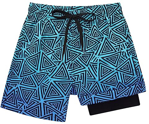 Dancinova Badshorts för pojkar, badbyxor, barn, kompression, foder, badshorts, snabbtorkande simbyxor med boxershorts liner 7–16 år, Blå geometri, 8 år