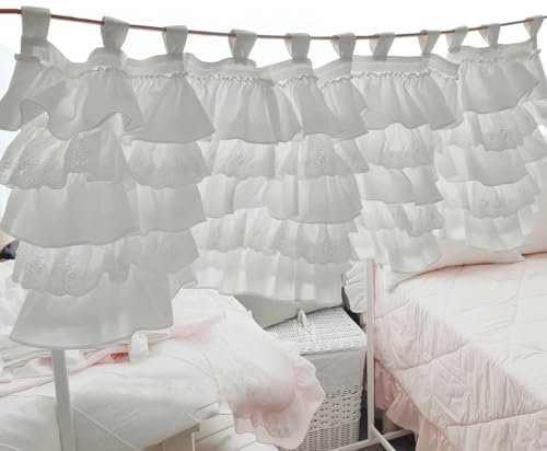 Ricemru Rüschen Scheibengardine Shabby Chic Landhaus Weiß mit Schlaufen Kurz Bistrogardine Landhausstil Halbtransparent Kurzgardinen Klein Gardinen Fenstervorhang Wohnzimmer Küche