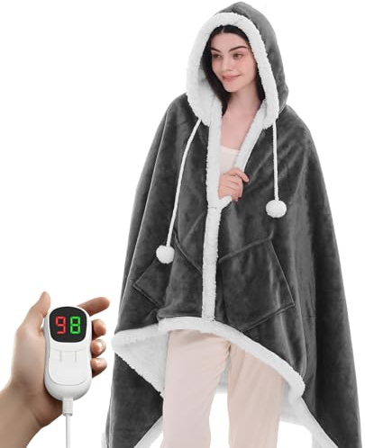 PLOATH Heated Electric Blanket Shawl: Throw Poncho - Wearable Hoodie Wrap Sherpa With 10 Heating Levels & Multi Time Settings (40x70'' Dark Grey)