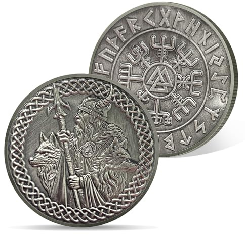 AtSKnSK Wikinger Münze Lebensbaum Odin Wolf Odin Rabe Wikinger Chips Medaillon Gedenk Münze Nordische Runen Mythologie Krieger Symbol Amulett Wikinger Geschenke für Männer Damen (Odin Wolf)