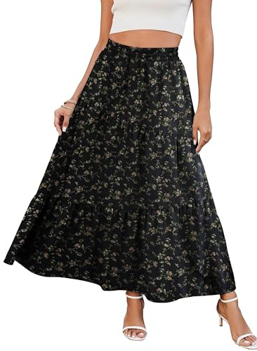 Timuspo Rock Damen Lang mit Taschen Maxi Skirt Hohe Elastische Taille Sommer A-Line Einfarbig Flowy Sommerrock Lässig Elegant Blumen Plisseerock Strandrock Faltenrock