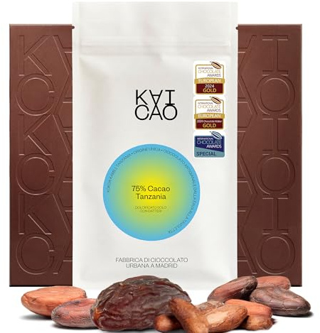 Kaicao Chocolate Negro 75% Cacao - Origen Kokoa Kamili, Tanzania - Endulzado con Dátiles – Chocolate sin Azúcar Refinada - sin Lactosa, sin Gluten, Vegano - Cacao de Origen Único - 2 x 70 gr