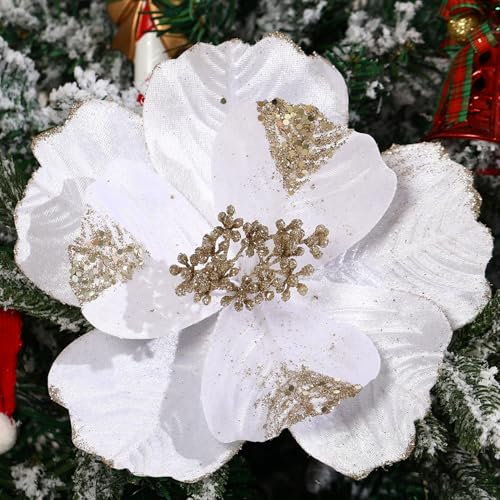 GL-Turelifes Lot de 6 grandes fleurs de poinsettia artificielles à paillettes en velours pour sapin de Noël, Nouvel An, décoration de mariage (blanc)