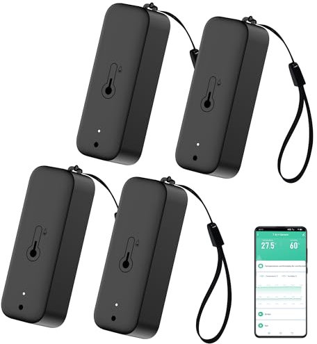 PHOVOLT Sensore termometro igrometro WiFi – Sensore di temperatura e umidità wireless per interni ed esterni con notifica app remota per serra e casa, nero, confezione da 4