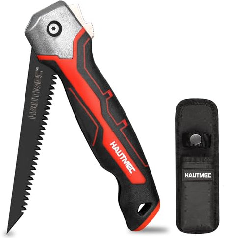 HAUTMEC Seghetto pieghevole da 12,7 cm, per cartongesso, con lama in acciaio al carbonio, foglio con denti a tripla affilatura 7TPI, design compatto con fondina, per cartongesso, parete, compensato