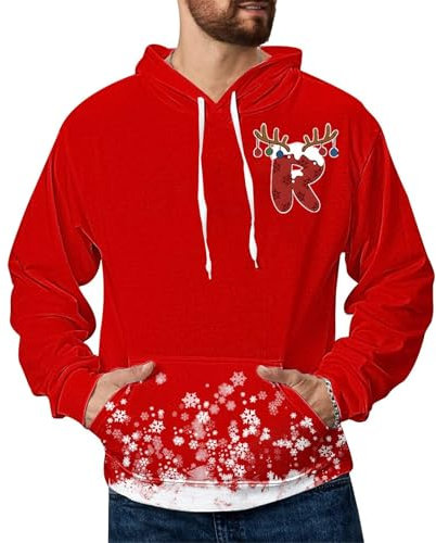 Felpa con cappuccio natalizia da uomo rossa personalizzata con iniziale P, felpa con cappuccio con stampa renna festiva, comoda pullover per riunioni di vacanza, ideale per abbigliamento casual