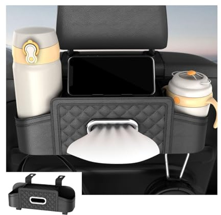 Mandark Car Headrest Backseat Organizer, Multifunctional Vehicle Seat Back Storage Box with Drink Cup Holder and Hooks, Automotive Travel Accessories, Universal for SUV, Sedan, Truck (Black)