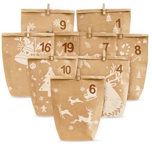 Calendario de Adviento para Rellenar 2025, 24 Bolsas de Adviento Bolsas de Papel pequeñas, Pegatinas de números – Calendario de Adviento – Set de Regalo