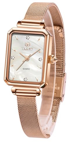Taxau Womens Watch Square Ladies Watches Rose Gold Stainless Steel Mesh Watches for Women Fashion White Dial Waterproof Minimalism Arabic Numerals Quartz Wrist Watch