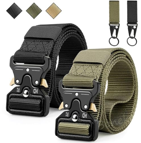 Fonyiunce 2 Pièces Ceinture Tactique, Ceinture Travail Homme, Noir et Vert Armée, Réglable en Tissu Toile Pour Nylon Hommes, Passe Rapidement Par la Sécurité de L'aéroport
