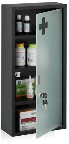 Relaxdays Medizinschrank, 4 Fächer, HxBxT: 57 x 27 x 12 cm, abschließbarer Medikamentenschrank, Stahl, Glastür, schwarz