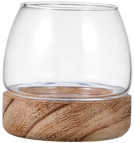 VICASKY Bocal à Poissons Rouges Verre Aquarium Rond Décoratif Terrarium pour Plantes Succulentes avec Socle Bois pour Stabilité