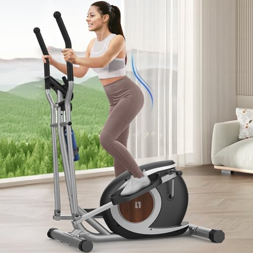 Elliptical Cross Trainer For Home Gym,16 Level Resistance Magnetic Elliptical Machine, Ultra-Quiet Compact Cross Trainer with LCD Display, Device Holder, Pulse Sensors, 120KG Weight Capacity (Sliver)